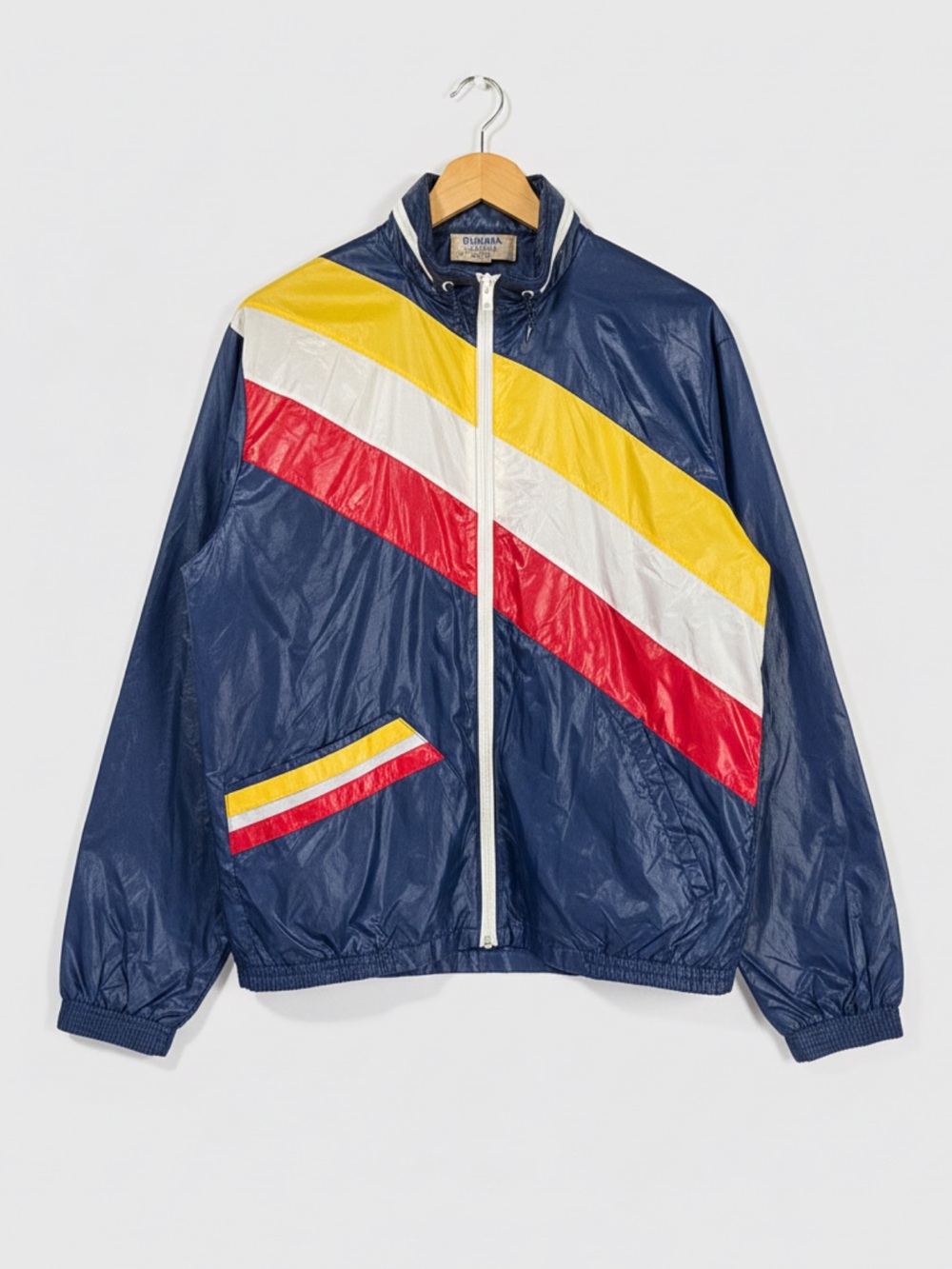 Retro Vintage Men's Navy Light Windbreaker Jacket Yellow, White & Red Stripe